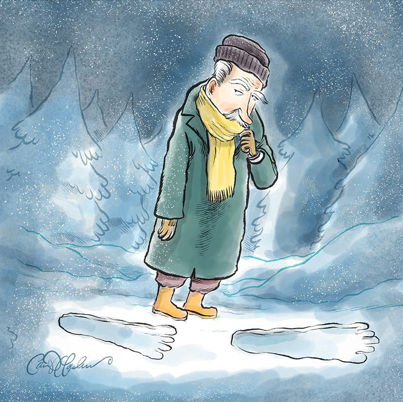 Man walking in snow alongside a giant footprint