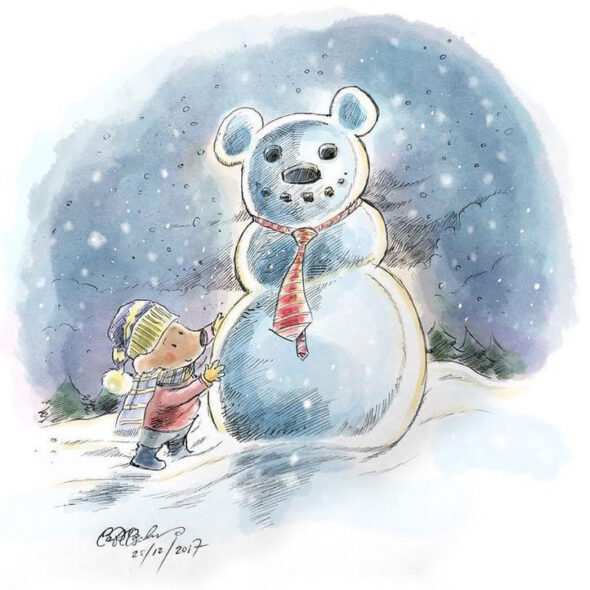 Watercolor-style illustration of a bear cub building a snowman, both wearing scarves in a soft winter scene.