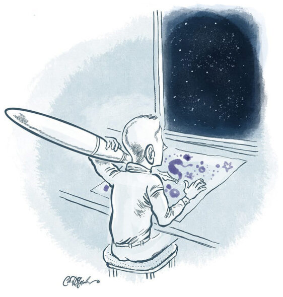 Soft blue watercolor sketch of a person with telescope gazing at a starry sky with distant look of wonder.