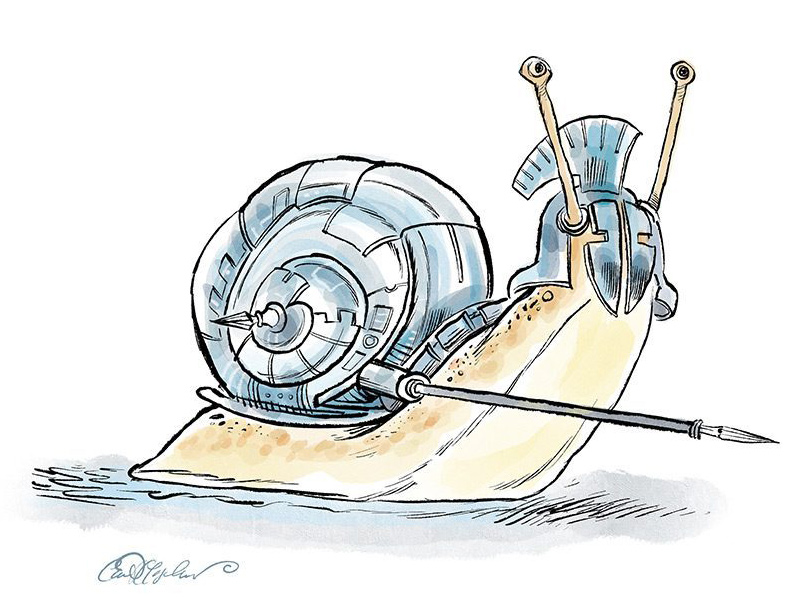 Armored snail with metallic shell and spear-like helmet