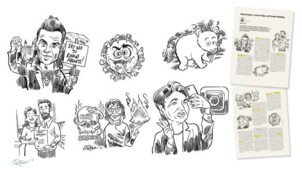 Cartoon images of protest, virus, koala, couple, spicy chip challenge, and magazine article pages.