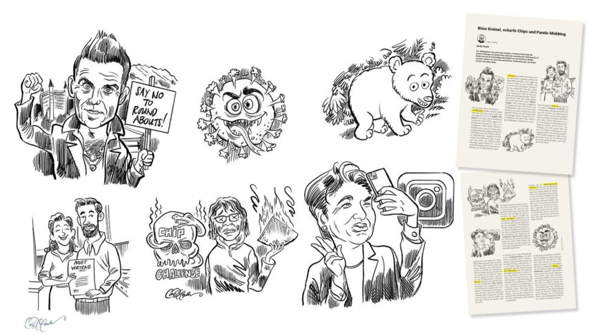 Cartoon images of protest, virus, koala, couple, spicy chip challenge, and magazine article pages.