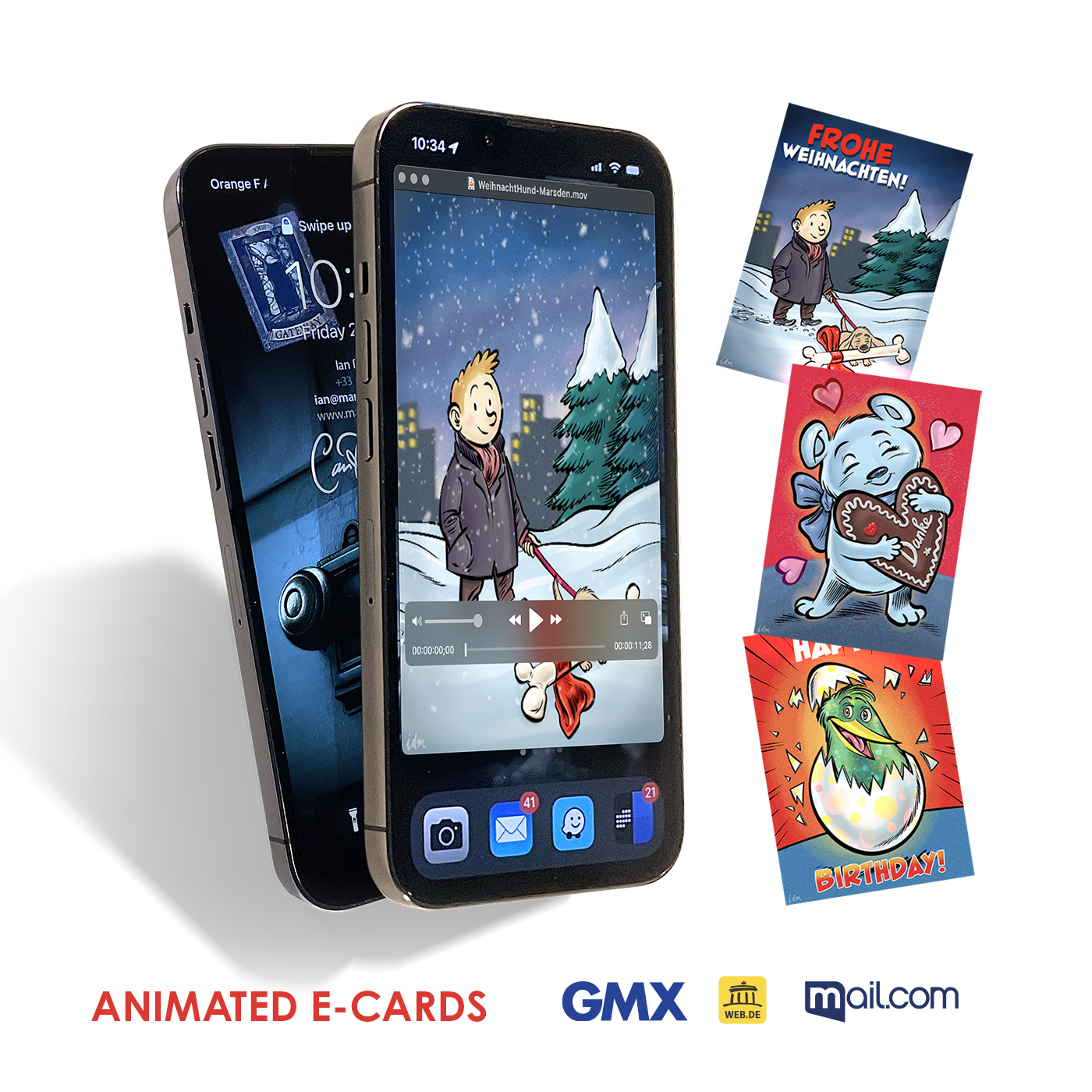 Smartphones displaying animated festive e-cards, featuring cartoon characters, GMX, WEB.DE branding.