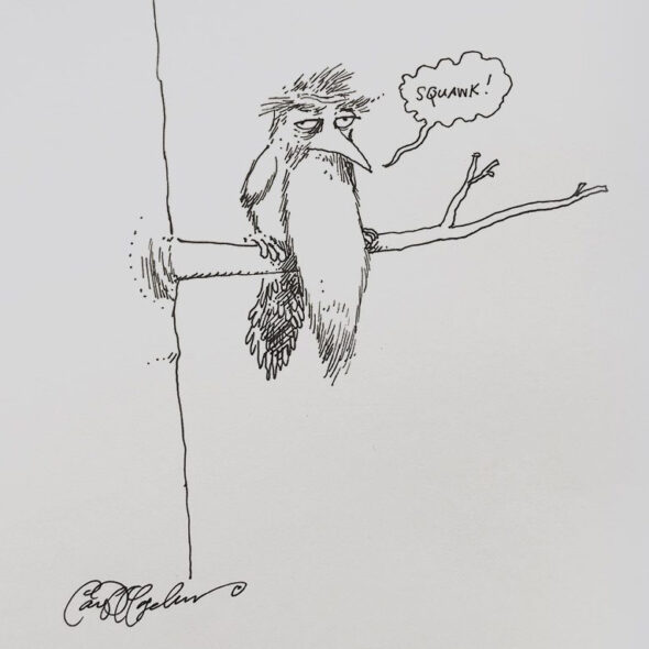 Minimal line drawing of a scruffy bird on a thin branch yelling “SQUAWK!”, arms gesturing expressively.