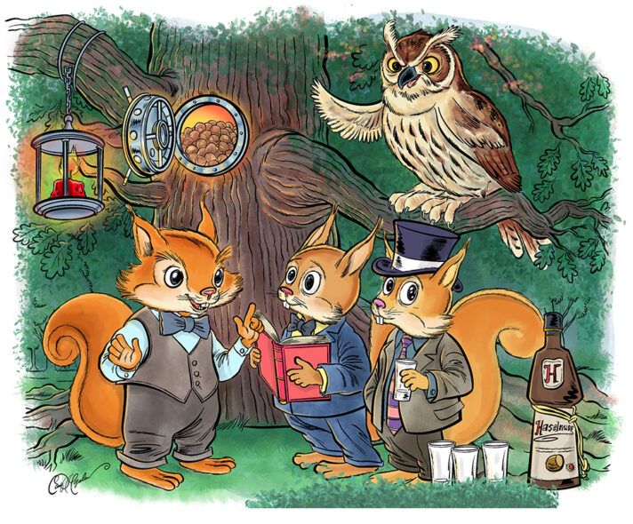 Anthropomorphic squirrels in formal wear by a tree, owl above; nuts, lantern, bottle, and cups nearby.