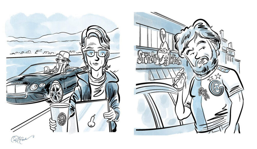 Two people by a luxury car and a store, holding a laptop, coffee, and a pen.