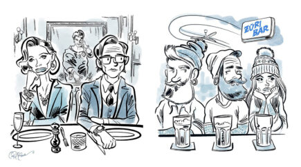 Sophisticated couple at restaurant; casual trio at Züri Bar contrast social settings.