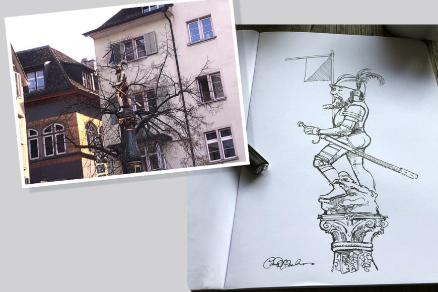 Marker drawing of armored knight statue at Zürich’s Stüssibrunnen fountain, created live at Café Henrici.