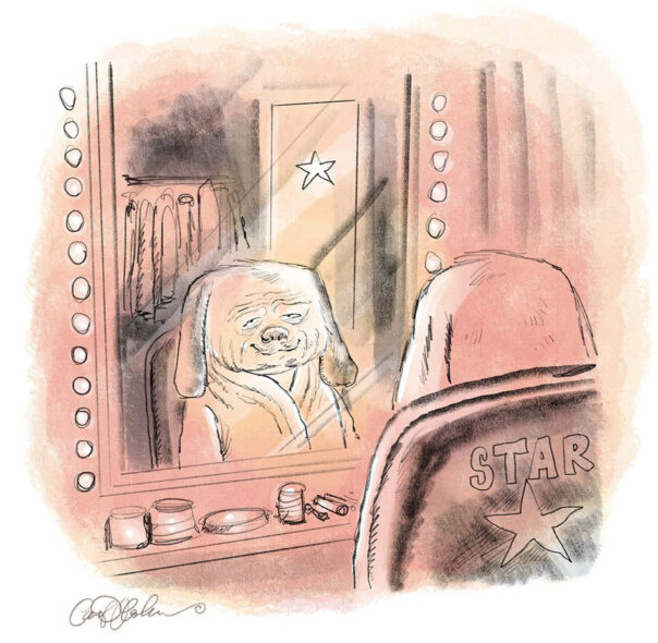 Cartoon dog smiling at reflection in dressing room mirror
