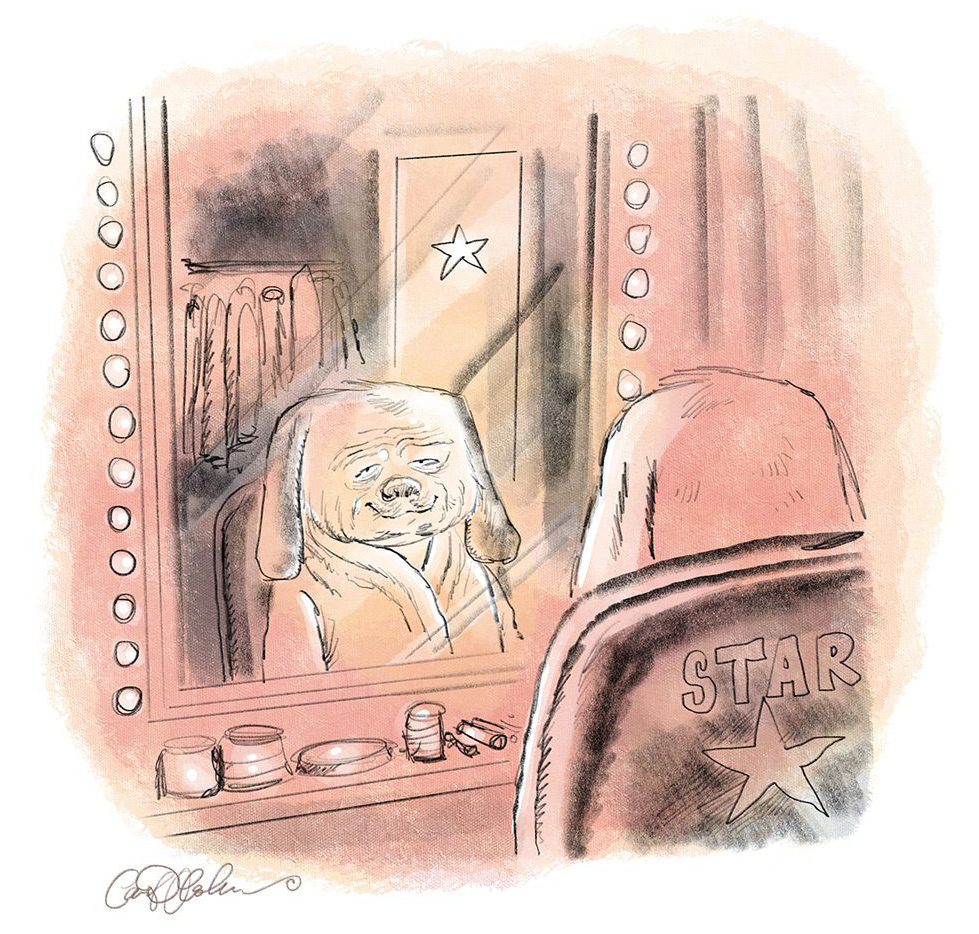 Anthropomorphic dog in dressing room with robe, mirror, lights, and makeup on vanity.