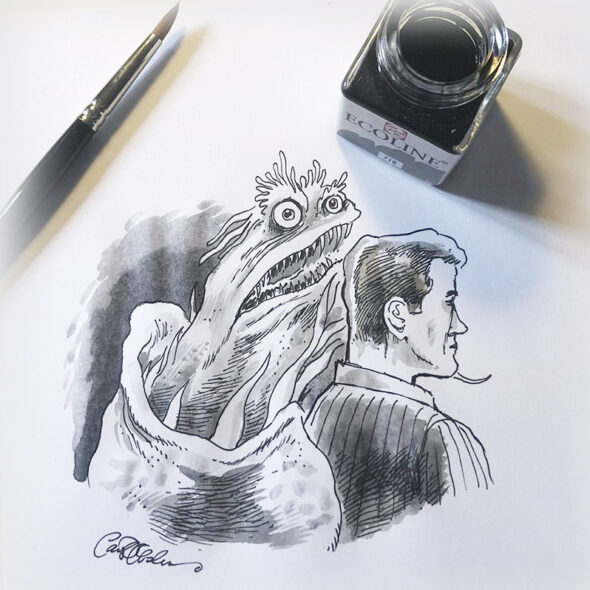 Detailed ink sketch of a man in a suit, with an otherworldly creature cracking out behind him from a mysterious egg.