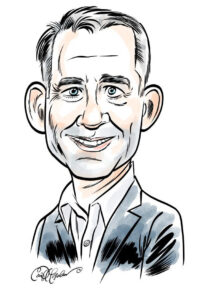 Black and white caricature of a smiling person with large ears wearing a suit and collared shirt.