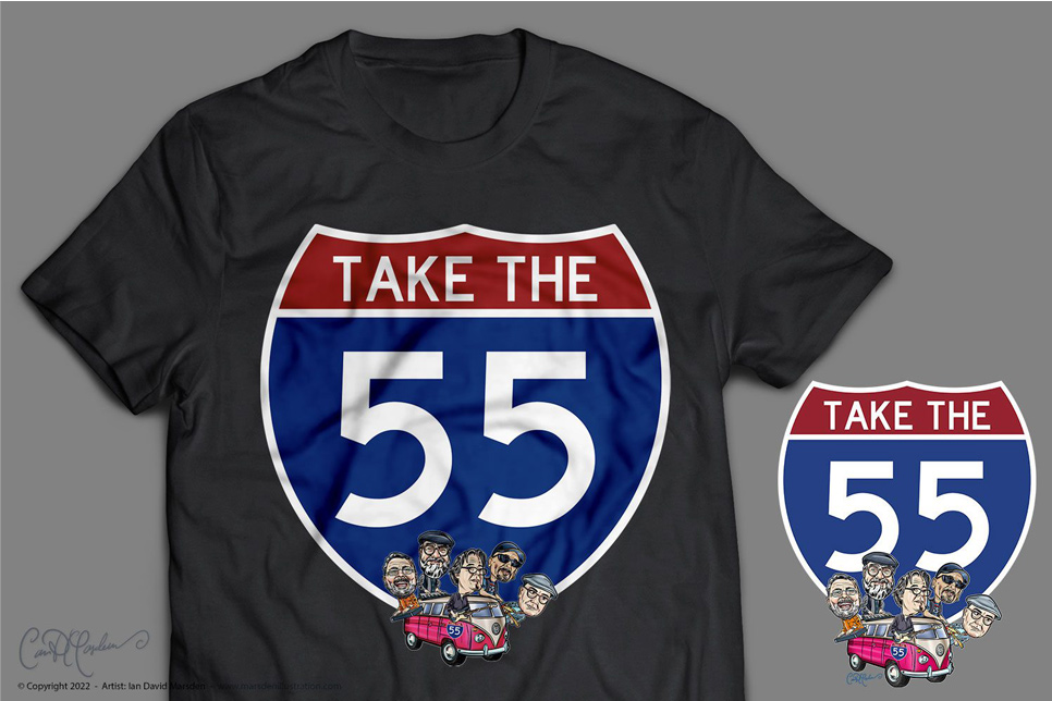 Black t-shirt with "Take the 55" design; cartoon of five in a pink car labeled 55 included.