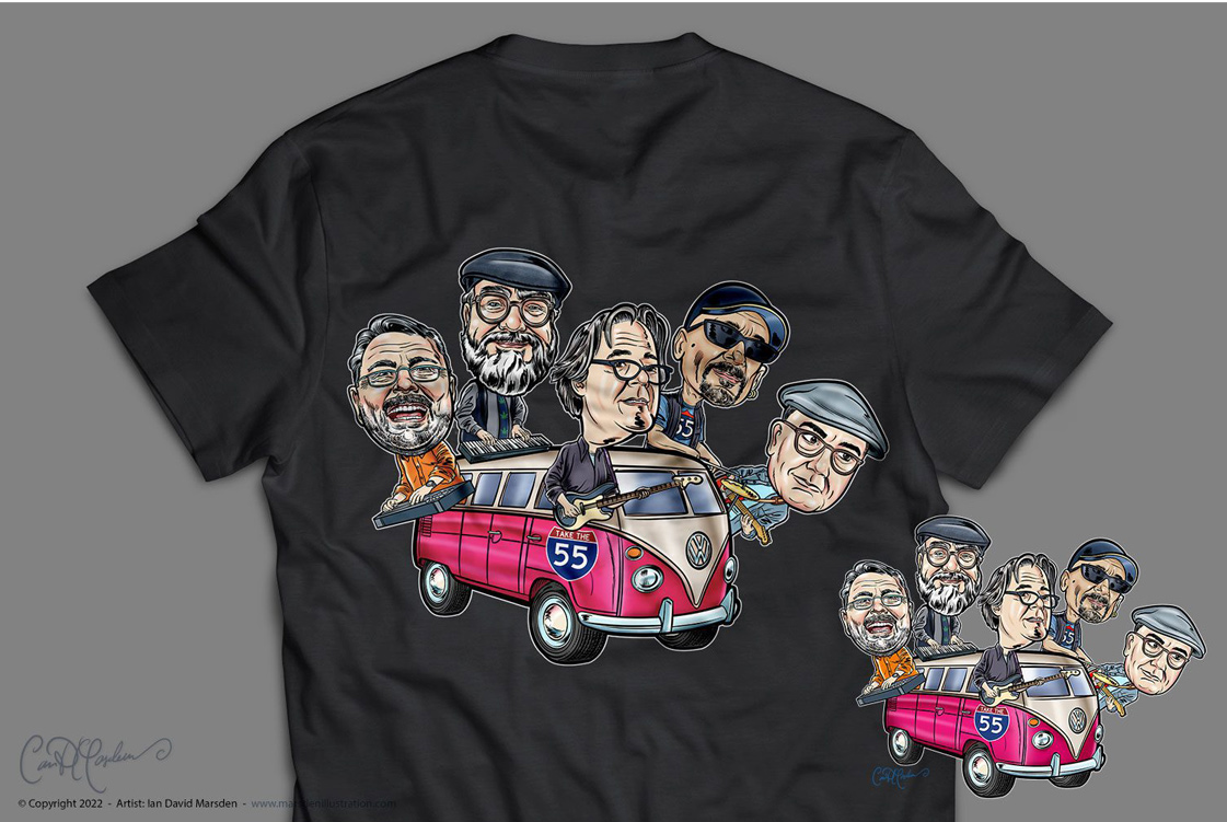 Black T-shirt with cartoon characters driving a pink vintage van labeled "55," by Ian David Marsden.