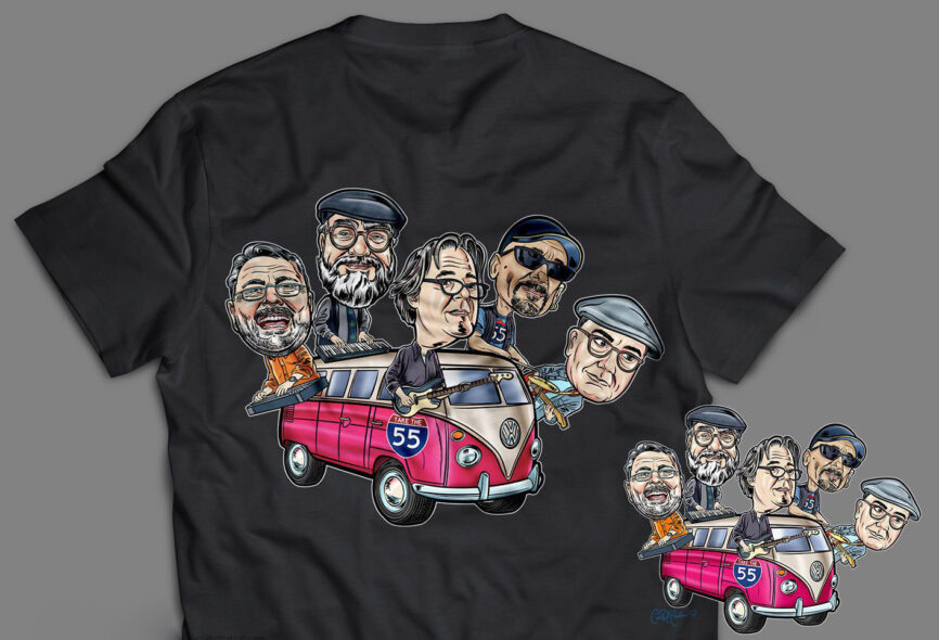 Black T-shirt with pink VW bus and seven caricatured musicians, Take the 55 band.