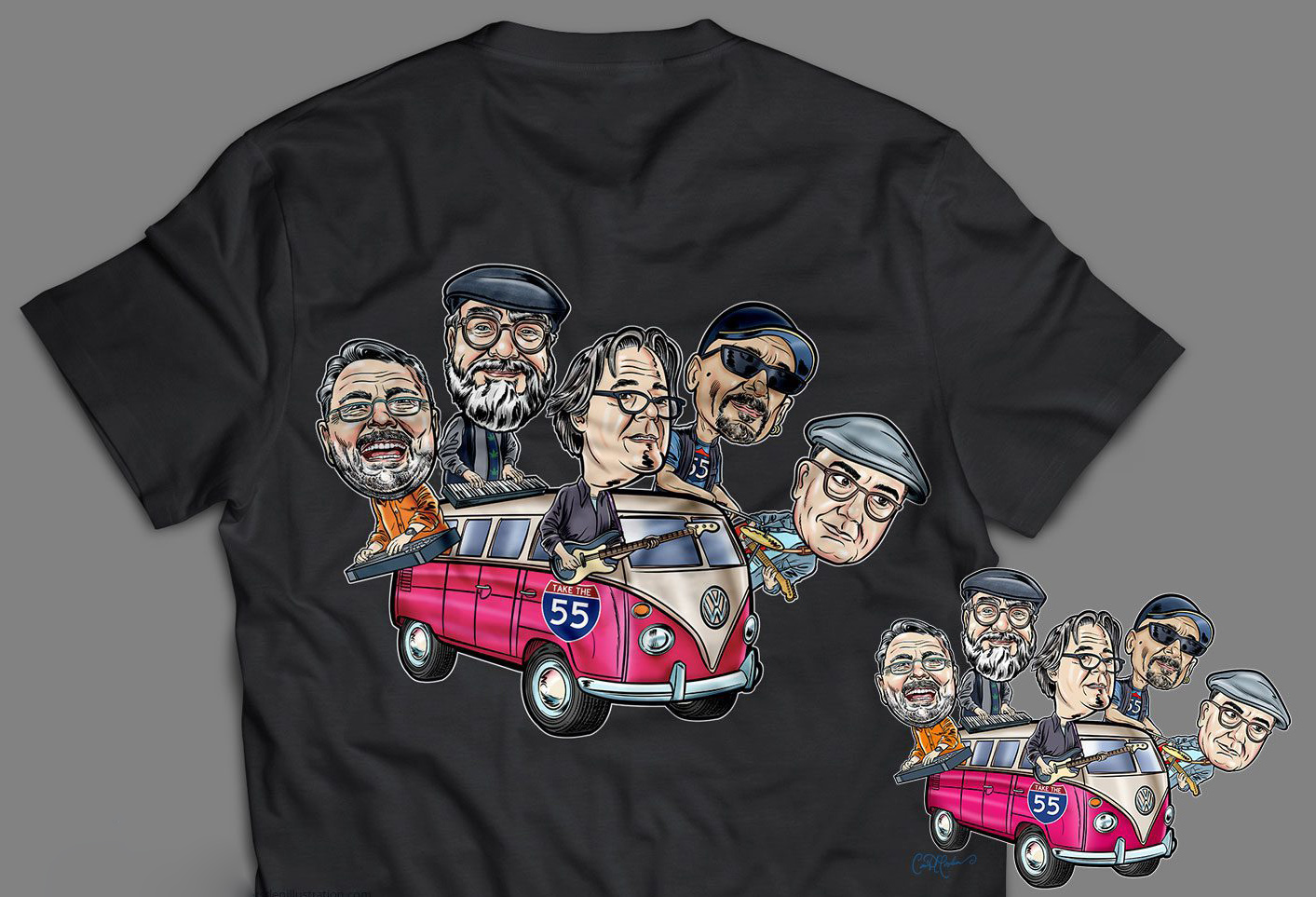 Black T-shirt with pink VW bus and seven caricatured musicians, Take the 55 band.