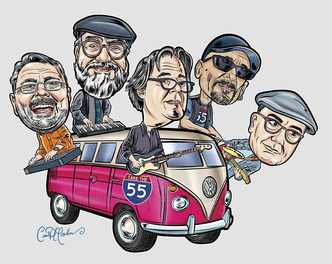 Cartoon of five men with large heads playing instruments in a pink "Take the 55" VW van.