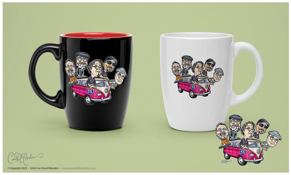 Mugs with cartoon people in pink vintage car labeled 55, on black-red and white mugs.