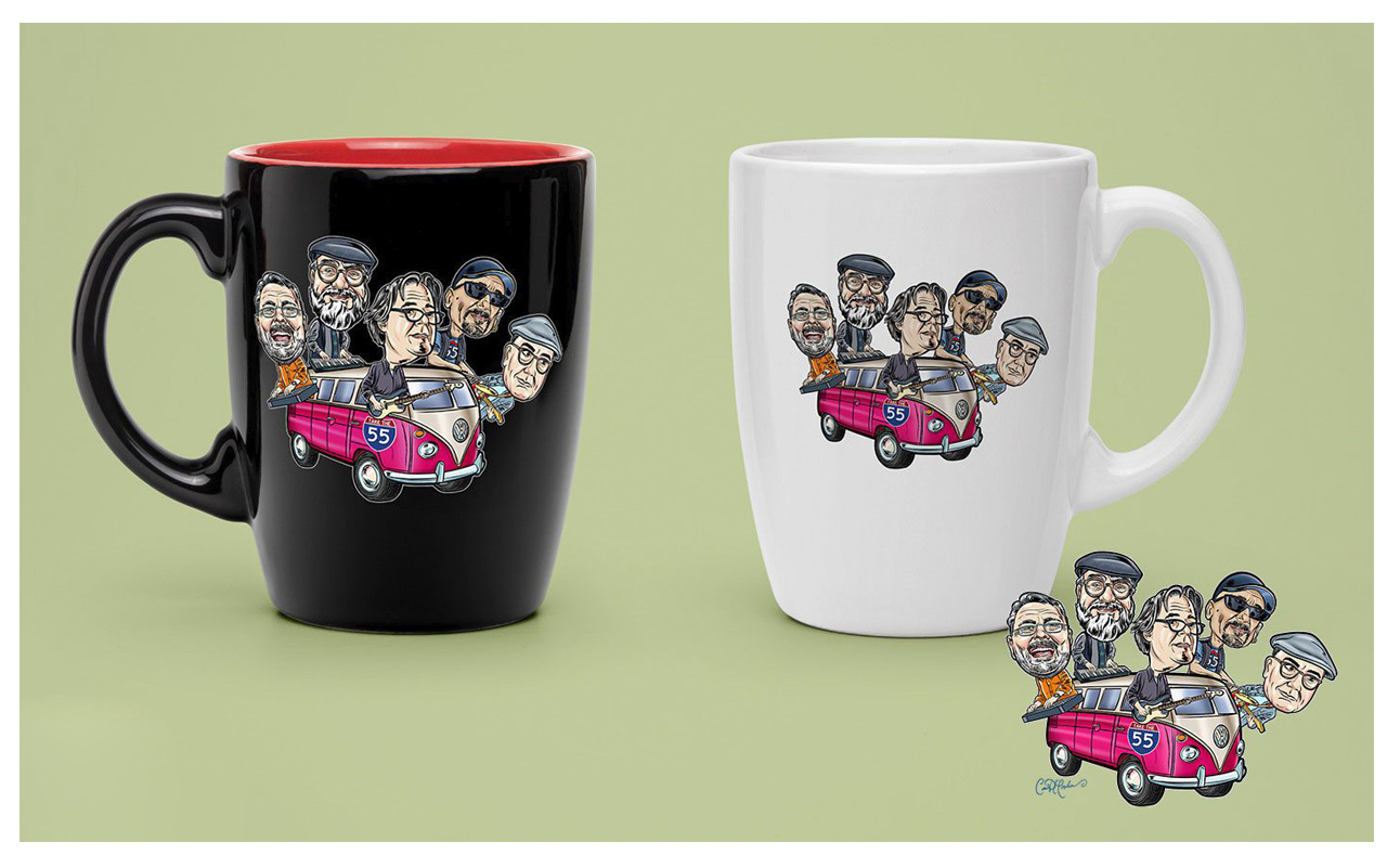 Two mugs with cartoon caricatures of Take the 55 band and pink VW bus.