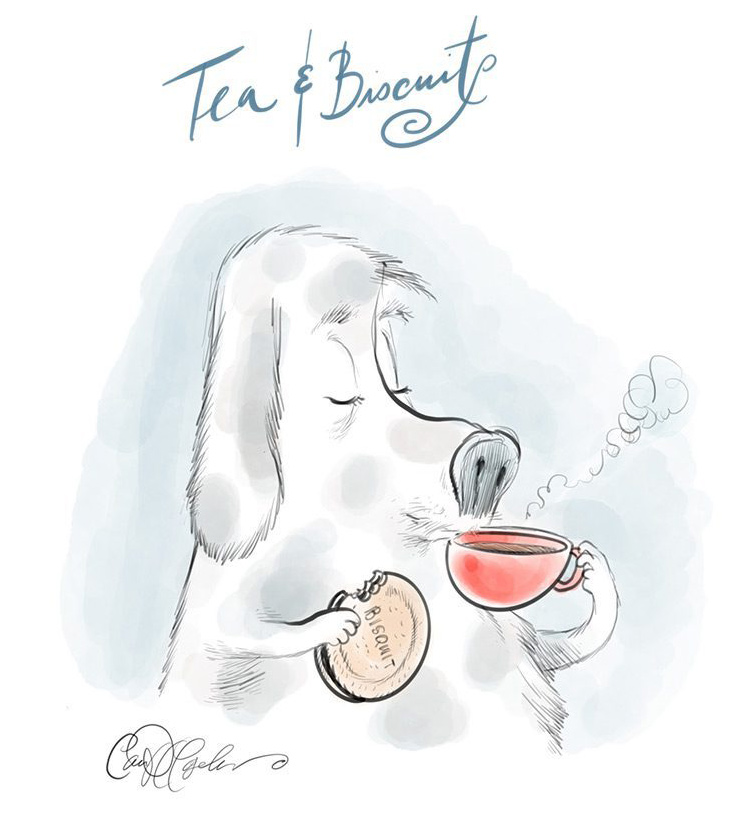 Dog enjoying tea and cookies with relaxed expression