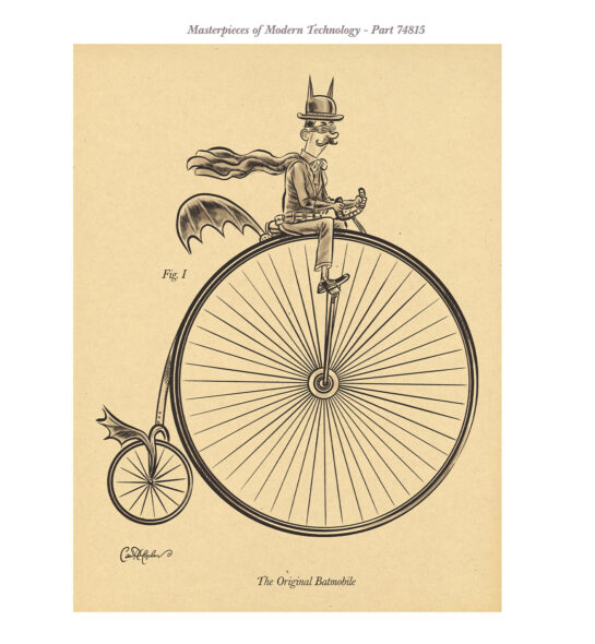 Steampunk-style superhero riding pennyfarthing bicycle in retro satire illustration