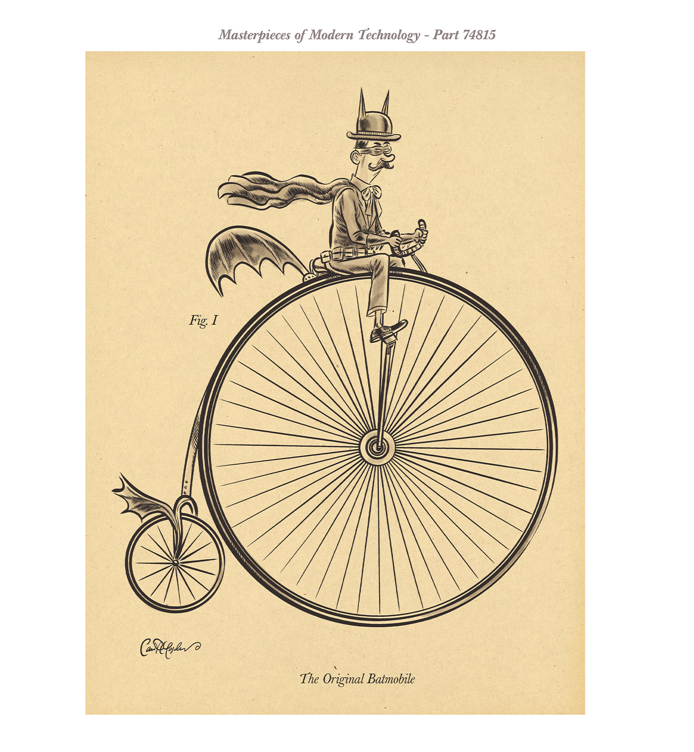 Steampunk-style superhero riding pennyfarthing bicycle in retro satire illustration