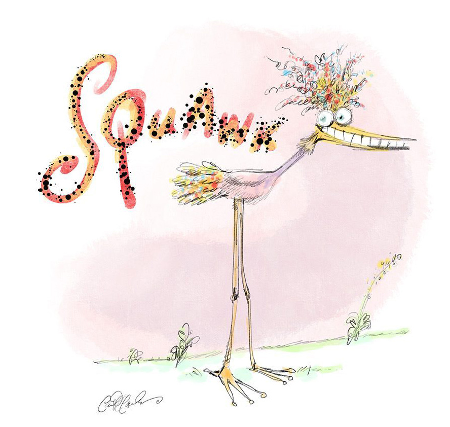 Skinny cartoon bird yelling “Squawk” under flowery tree