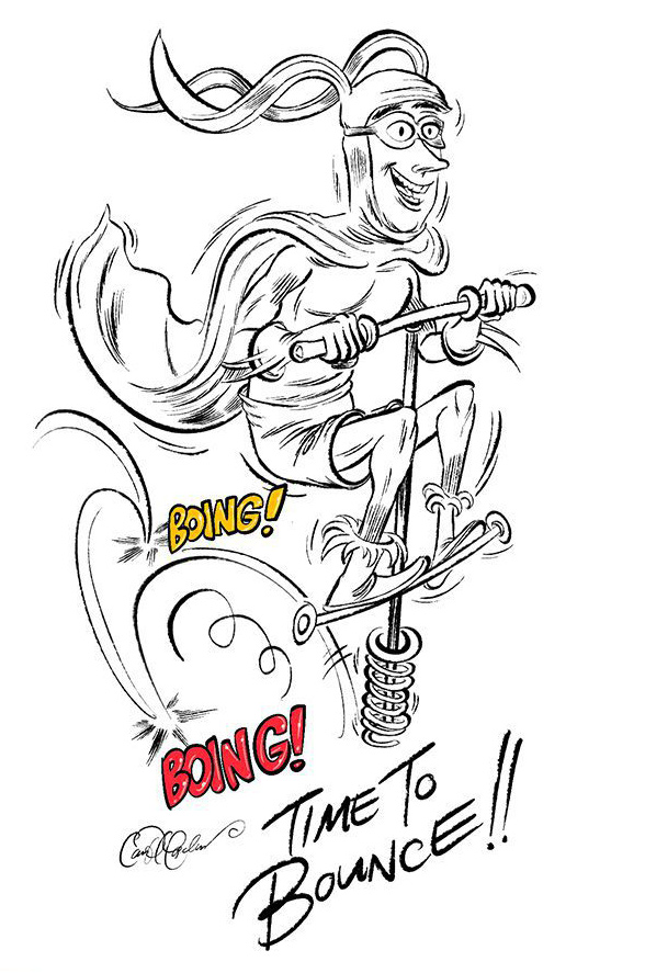 Cartoon superhero joyfully bouncing on a pogo stick with "Boing!" and "Time to Bounce!!" texts.