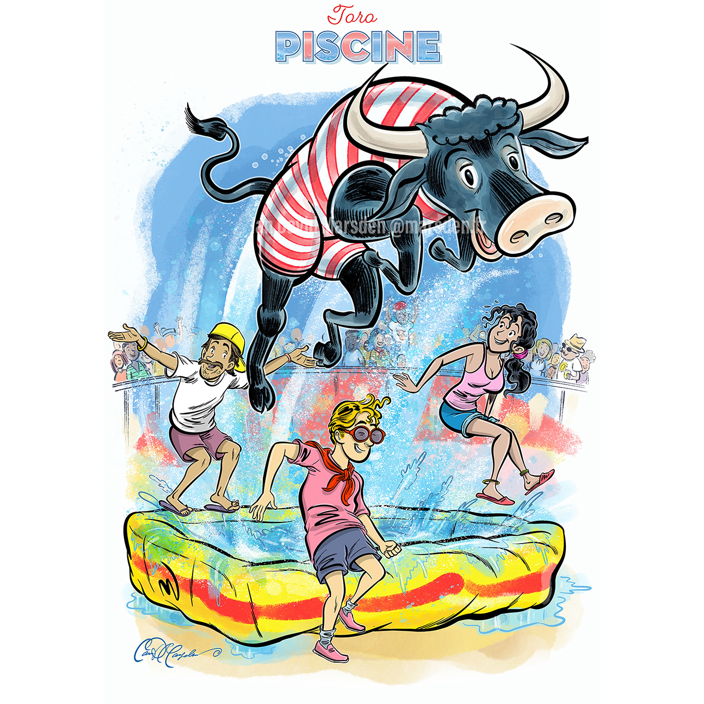 Comic-style illustration of chaotic pool scene with bull and children, in vintage French BD style