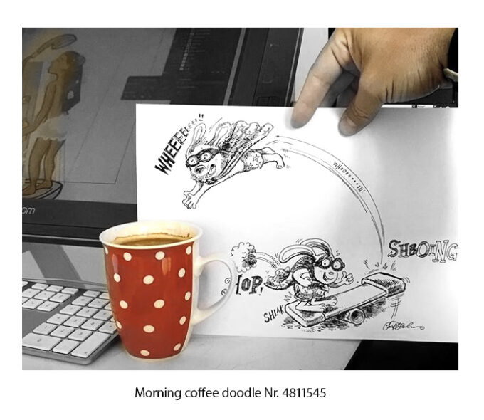 Photo of a sketchbook drawing with acrobats poised above a coffee cup, appearing ready to jump in.