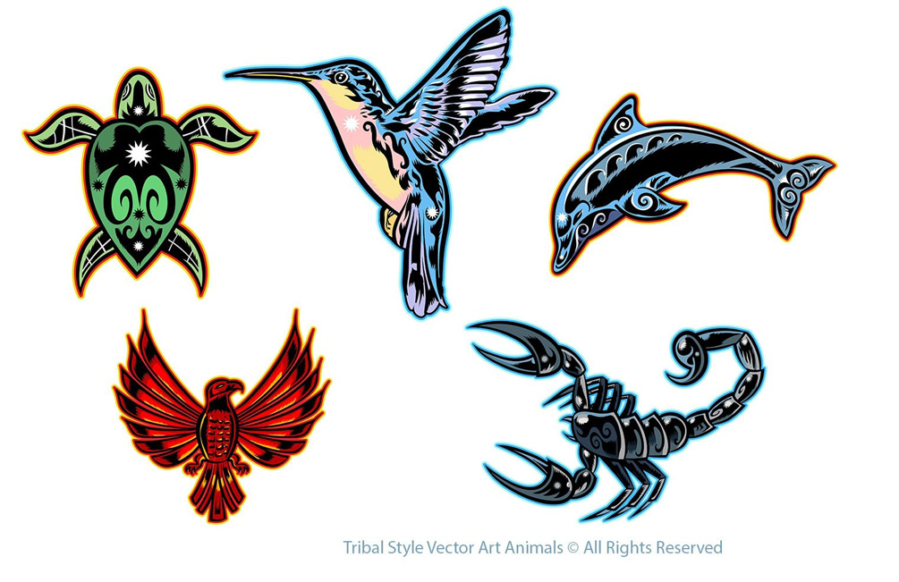 turtle, hummingbird, dolphin, hawk, scorpion.