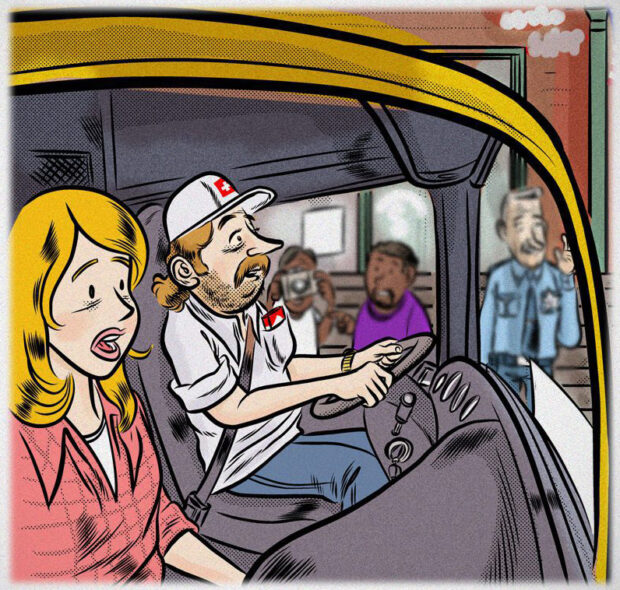 Man driving yellow vehicle with woman passenger; surprised crowd outside background.