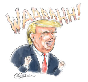 Cartoon of blond person in distress with tears, clenched fists, red tie, "WAAAHH!" above.