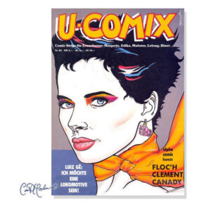 Comic magazine "U-COMIX" cover with illustrated portrait, orange scarf, vibrant makeup.