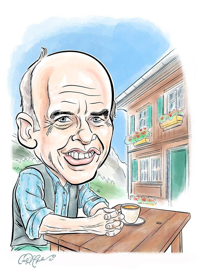 Caricature of a bald man smiling at a table with a cup, mountain and building in background.