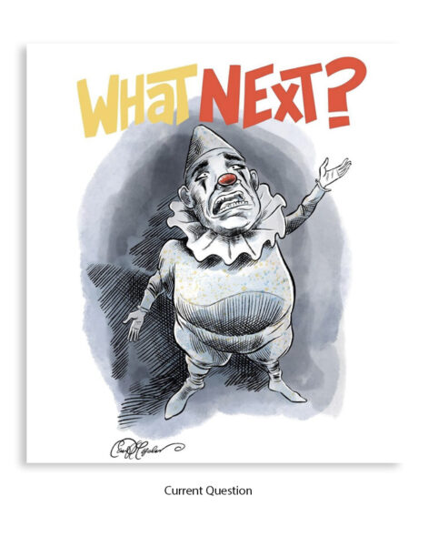 Digital Watercolor and ink sketch of a classic clown gesturing upward under the bold words “WHAT NEXT?”