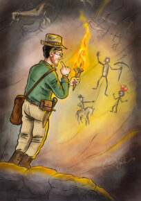 Explorer in cave with torch observing ancient pictographs of humans and animals on walls.