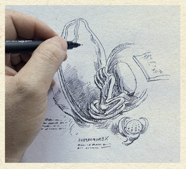 Scribbled xenomorph creature in blue ballpoint, emerging from the page mid-sketch.
