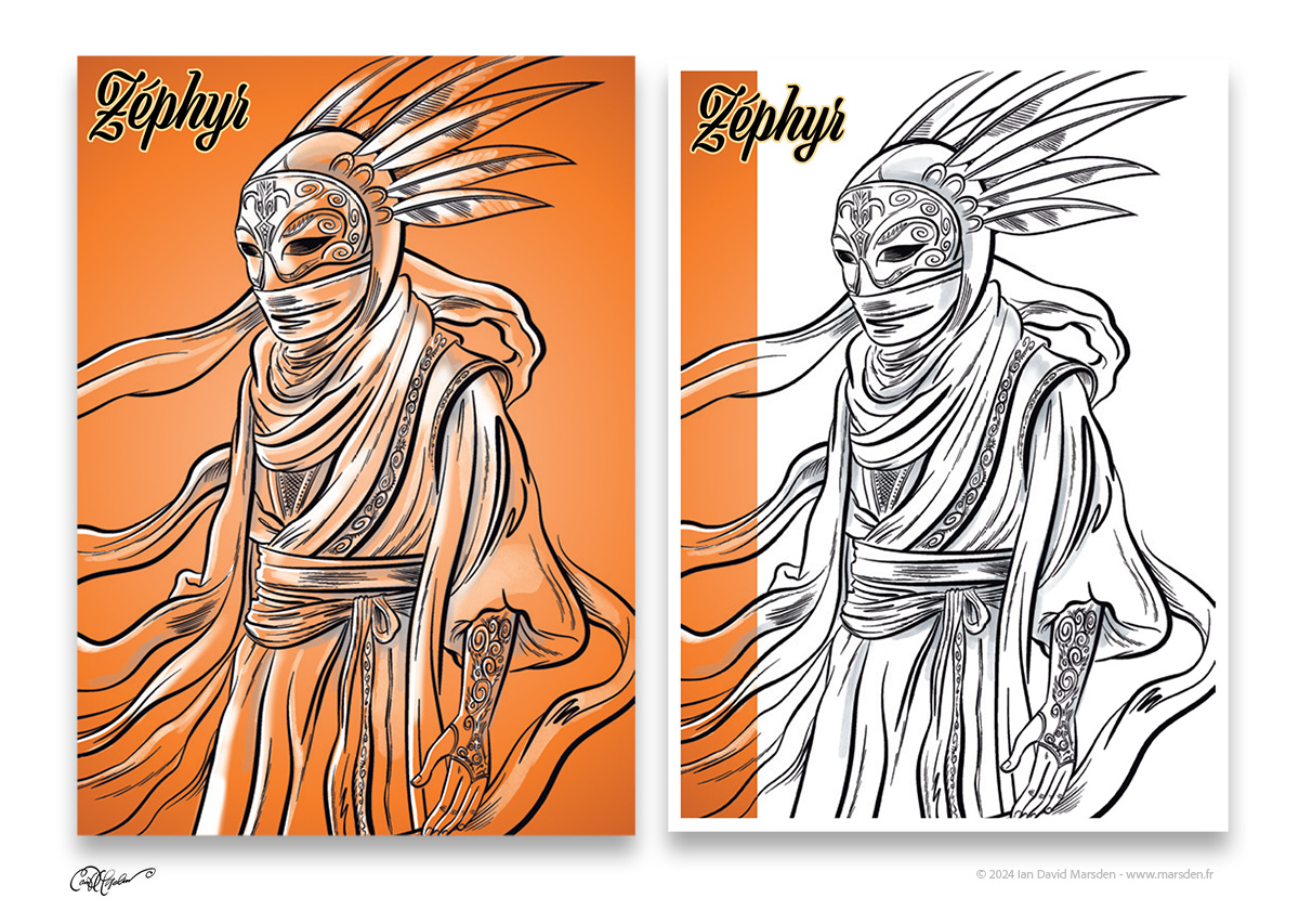 Masked figure with ornamental designs and feather headpieces, in orange and black-and-white.