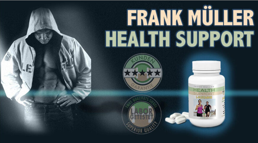 Frank Müller Health Support promo with muscular figure, quality seals, and L-Glutamin supplement.