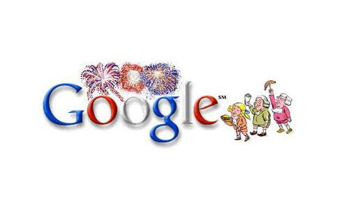 Fireworks and historic figures toasting with festive Google logo in U.S. colors.