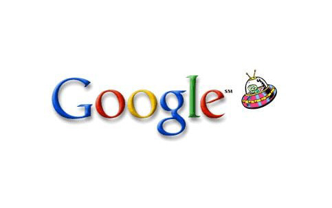 Google Doodle showing UFO beginning abduction of logo letters – by Ian David Marsden, May 2000.