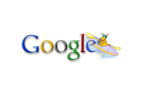 Google Doodle with cartoon bear in a kayak – Sydney Olympics 2000 by Ian David Marsden.