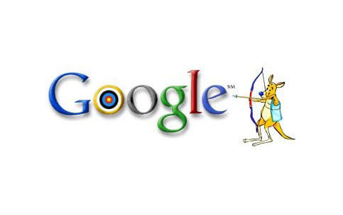 Google Doodle archery illustration – kangaroo aiming arrow at target within logo.
