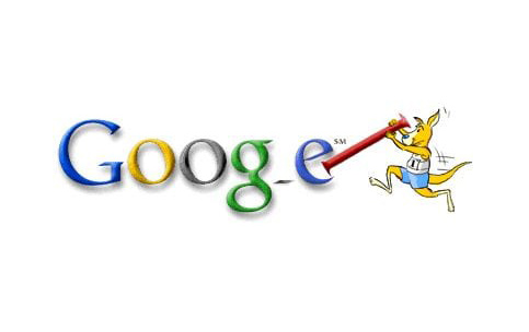 Long jump themed Doodle from Sydney 2000 – cartoon kangaroo finishing the Google logo with red l from the logo