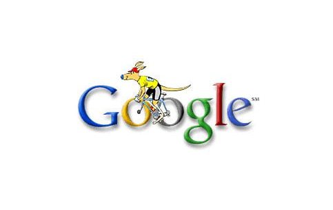 Cartoon dog cycling over the colorful Google logo.