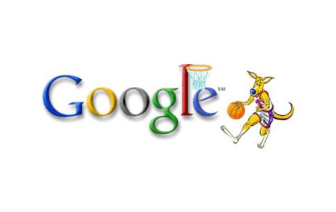 Google logo with second "O" as a basketball hoop, kangaroo dribbling toward it.