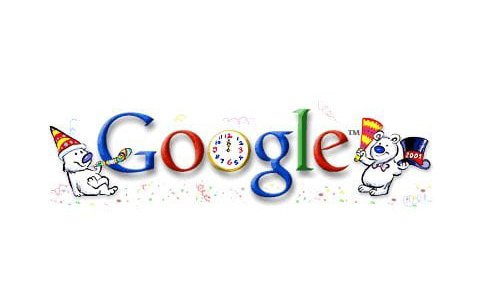 Google Doodle with polar bears celebrating New Year, logo as clock showing midnight.