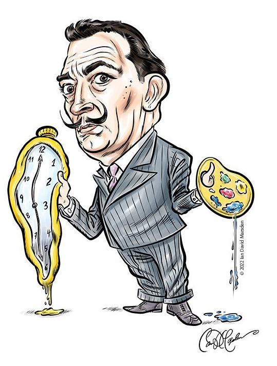 Cartoon caricature of Salvador Dalí with melting clock and dripping paint