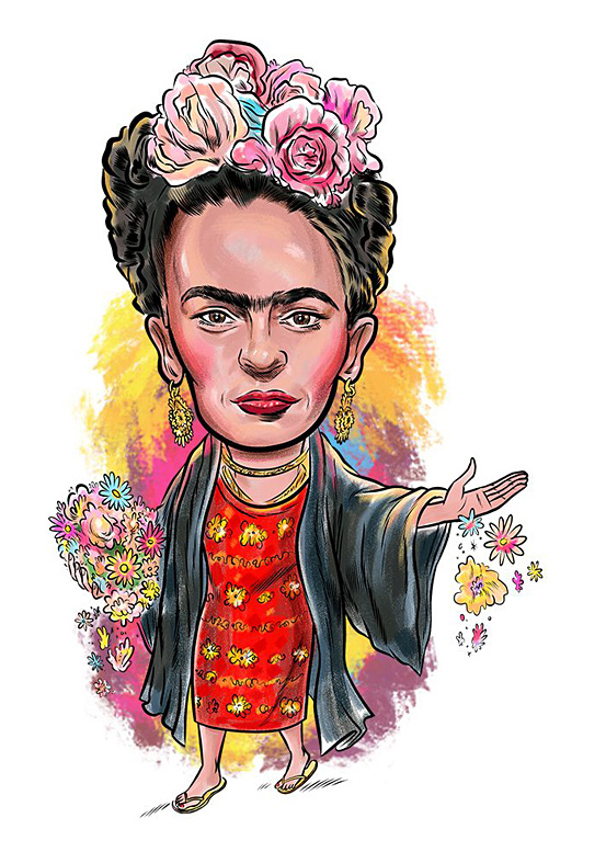 Cartoon portrait of Frida Kahlo with flower crown and bouquet